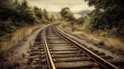 Scenic Vintage Railroad Track Landscape - Nostalgic Industrial Journey through Aged Rails and Rustic Surroundings for Transport-Inspired Art