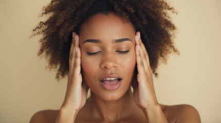 Fototapeta premium A beautiful young African American woman with her hands covering her ears, as if she does not want to hear something or is trying to recall something she forgot. A headache.