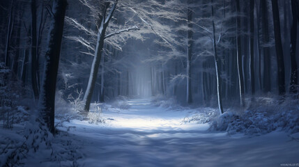 Obraz premium A snow-covered forest, bathed in soft moonlight, casting a silvery glow on the trees. Delicate frost clings to every branch, and the ground sparkles in the stillness of the night.
