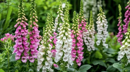 Obraz premium A spring garden with blooming foxgloves, featuring tall spikes of pink and white flowers set against green foliage.