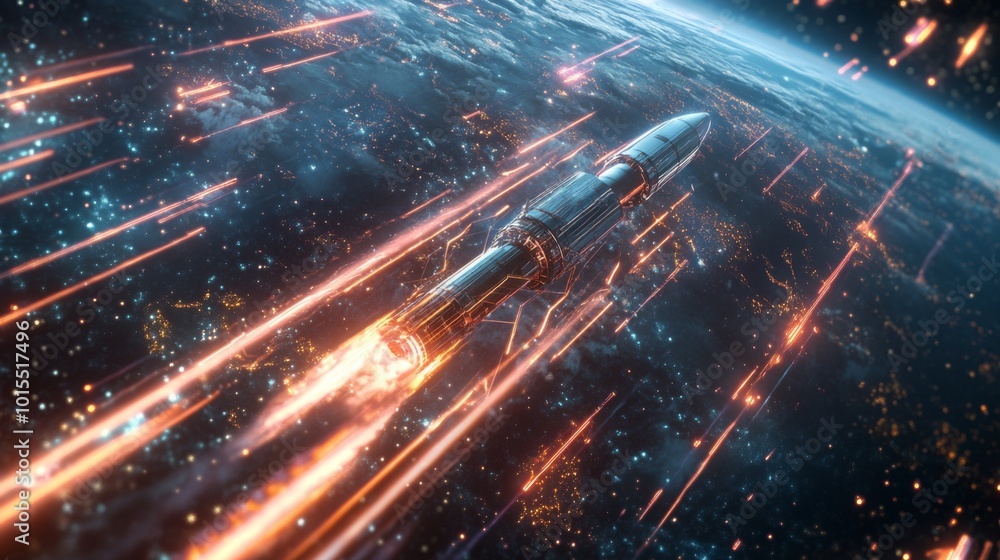 Poster a rocket ascends through the dark expanse of space, leaving glowing trails behind. the view showcase