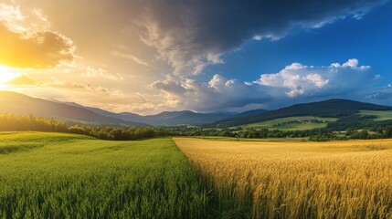 Obraz premium Scenic Summer Landscape of Mountain Fields with Contrasting Day and Night Skies Capturing Rural Serenity and Natural Beauty in Panoramic View