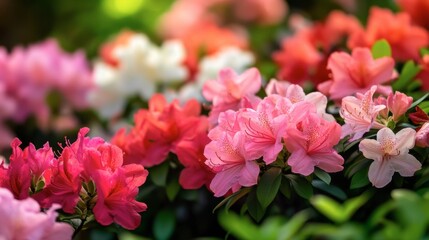 Obraz premium A spring garden with colorful blooming azaleas in shades of pink, red, and white, surrounded by lush green leaves.
