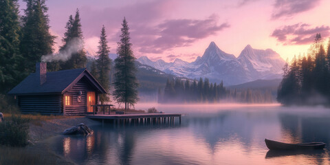 Obraz premium Cabin on a Lake with Mountain View at Sunrise