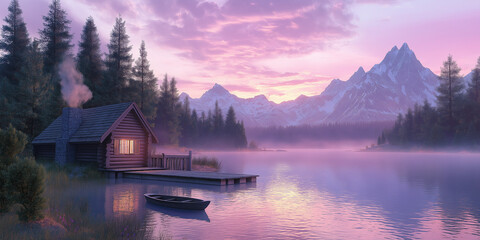 Fototapeta premium Cabin on Lake with Mountains at Sunset