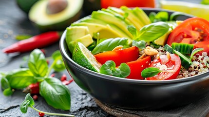 Fresh salad with avocado, tomatoes, and herbs in a black bowl, on a stone surface.