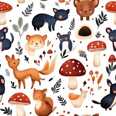 Naklejka premium Mushrooms and woodland animals