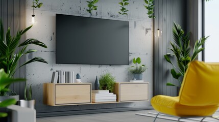 Fototapeta premium Modern living room design with plants, furniture and a large television.