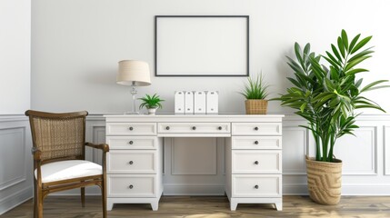 Stylish home office setup with white desk, plants, and modern decor.