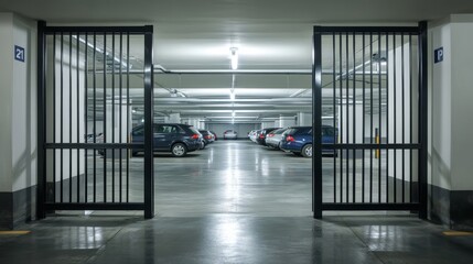 Modern entrance gate to underground parking garage showcasing secure automobile parking space urban design convenience and vehicle storage solutions