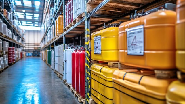 Warehouse Scene Featuring Used Flammable Liquid Storage Containers Highlighting Safety Protocols Hazard Management and Industrial Storage Solutions for Fire Risk Reduction
