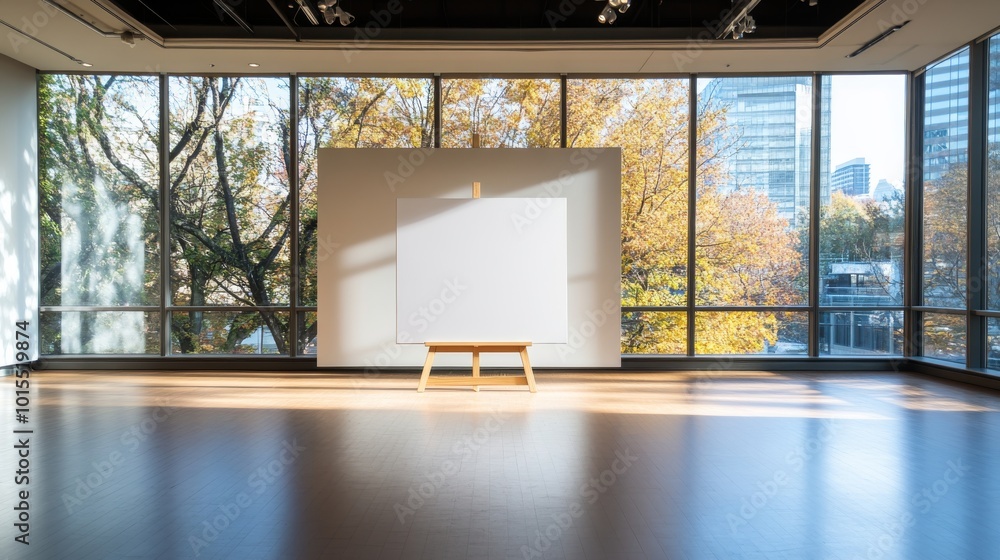 Poster the gallery showcases a pristine blank canvas mounted on an easel, illuminated by natural light filt