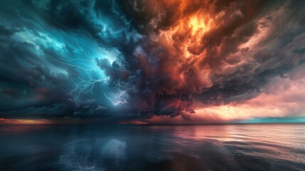 Dramatic storm clouds with lightning bolts over a calm ocean. The sky is split in two with the left side dominated by blue hues and lightning, and the right by a fiery orange glow.