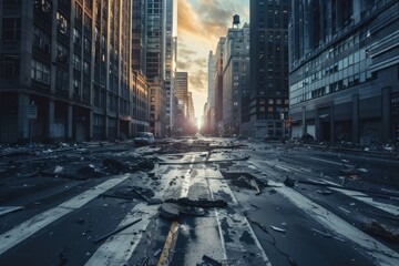 Naklejka premium A city street with a lot of potholes and graffiti, generative ai image