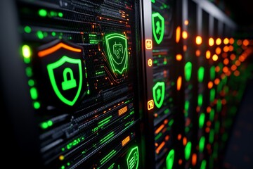 Obraz premium 3D model of a secure data center with glowing servers and security icons, showing a highly detailed digital recreation of a secure information facility