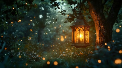 Enchanting lantern illuminating a mystical forest path evoking magical adventures and whimsical journeys through nature's hidden realms