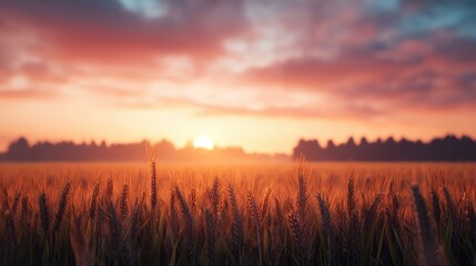 Obraz premium A field of golden wheat with a beautiful sunset in the background