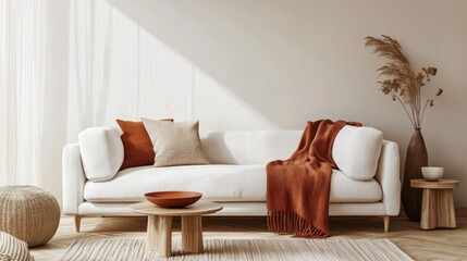 A beautifully designed living room features a white sofa adorned with decorative pillows and a warm throw. Natural light streams in, highlighting the earthy tones of woven decor and wooden furniture.