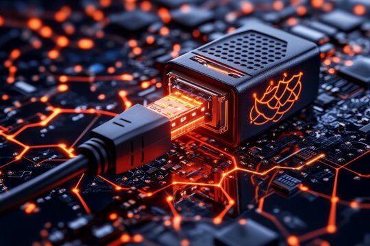 Close-up of a network cable being plugged into a secure server, representing the physical aspects of securing information systems