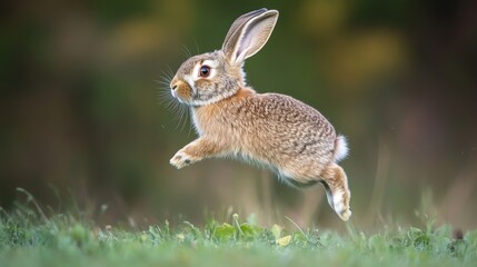 Fototapeta premium Playful young European rabbit in mid-air leap showcasing agility and charm of wildlife perfect for nature lovers and animal enthusiasts celebrating outdoor adventures