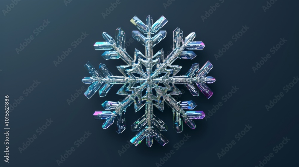 Poster a 3d rendered crystal snowflake is displayed against a dark background. the intricate and symmetrica