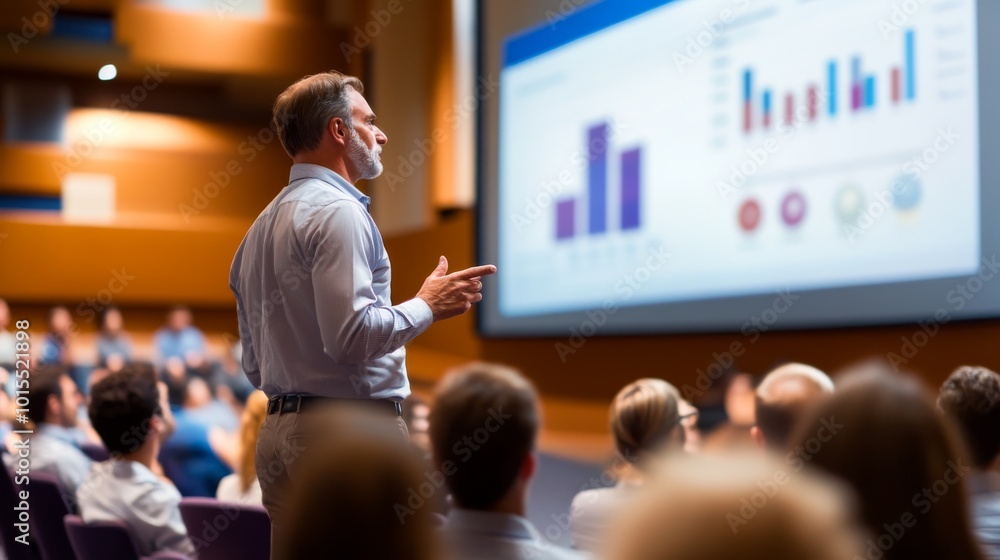 Poster a business professional stands beside a large screen showing charts and graphs. the audience listens