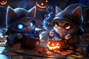 Fantasy scene of gnomes casting spells and brewing potions at a Halloween festival, representing the magical elements of gnome Halloween culture