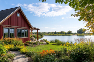 Modern Barn-Style Home with Pond and Lush Garden