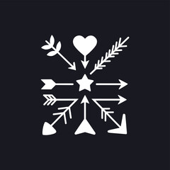 An abstract design featuring white arrows, a heart, and a star on a black background.