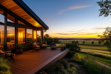 Obraz premium Modern Home Deck Overlooking Sunset Fields