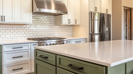 Fototapeta premium Welcoming kitchen design featuring white and sage green cabinetry a spacious island subway tile backsplash and sleek stainless steel appliances for modern living