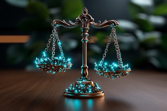 3D visualization of a scale tipping toward self-interest, with detailed representations of personal gain outweighing societal good in digital form