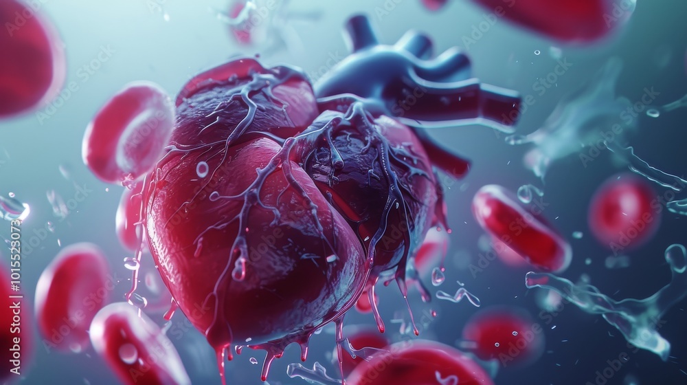 Poster a 3d medical rendering of a human heart surrounded by floating red blood cells. the realistic detail