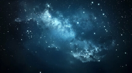 Star-filled night sky with glowing cloud-like nebula.