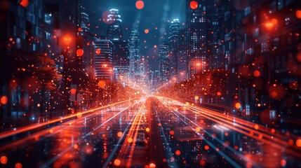 Obraz premium Cityscape with Red Lights and City Buildings