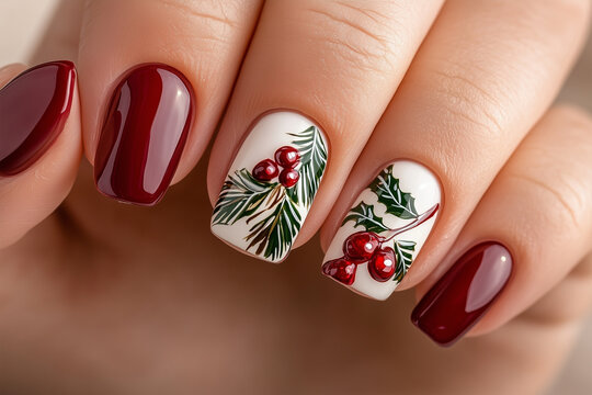 Woman Hand with Festive Holiday Nail Art Design