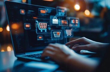 person shops online on their laptop, with shopping icons floating above, focusing on the keyboard.