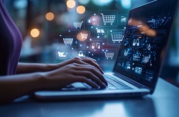 person shops online on their laptop, with shopping icons floating above, focusing on the keyboard.