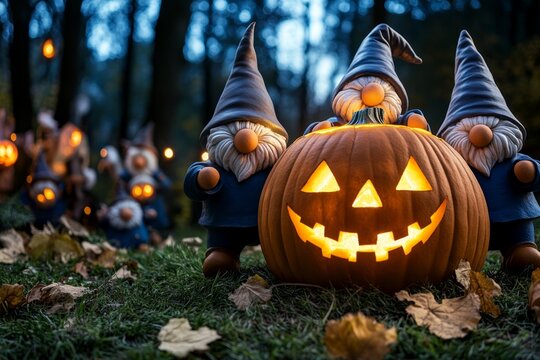 Gnomes dancing around a giant glowing pumpkin at a Halloween festival in a moonlit forest, representing the mystical connection between gnomes and Halloween festivities