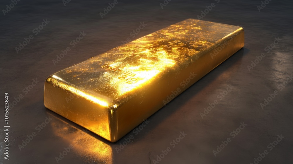 Poster a high-quality 3d rendering showcasing a shiny gold bar lying on a reflective surface. the rich text
