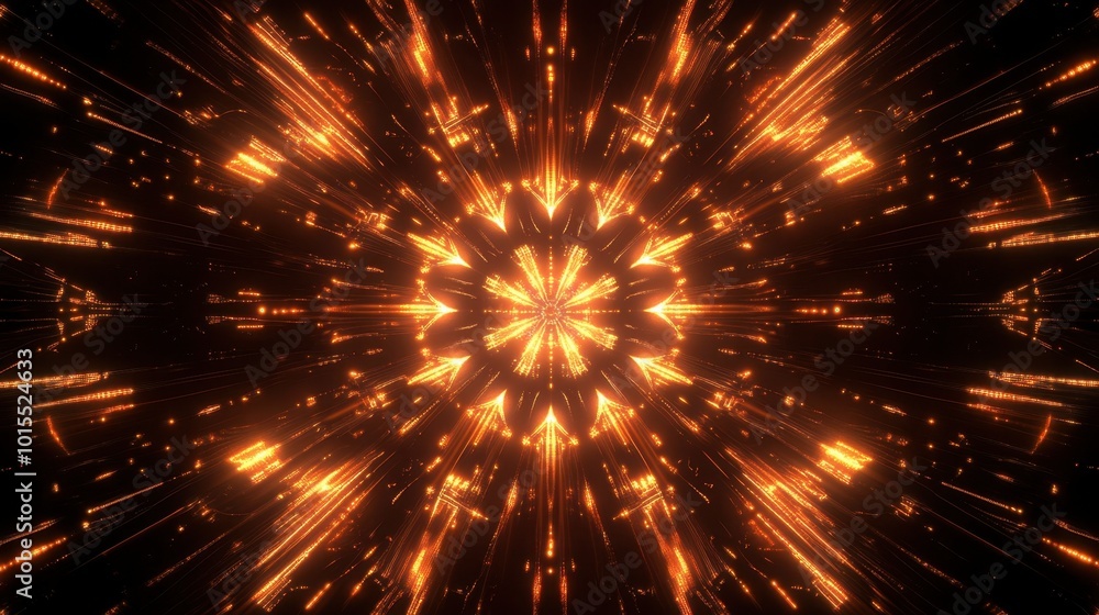 Poster a symmetrical pattern of glowing lines radiating from the center, creating a futuristic starburst ef