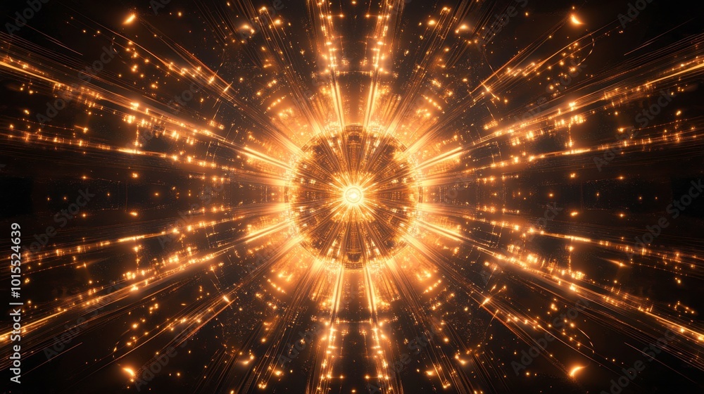 Poster a symmetrical pattern of glowing lines radiating from the center, creating a futuristic starburst ef