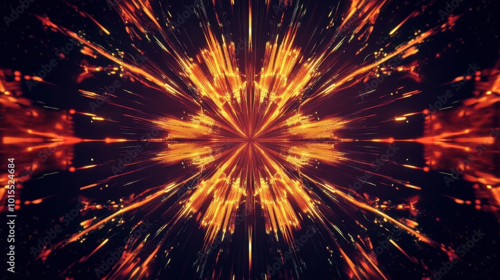 Poster a symmetrical pattern of glowing lines radiating from the center, creating a futuristic starburst ef
