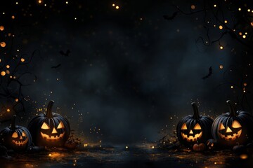 Spooky Halloween background featuring pumpkins, black ghosts, and dark space for text or design.