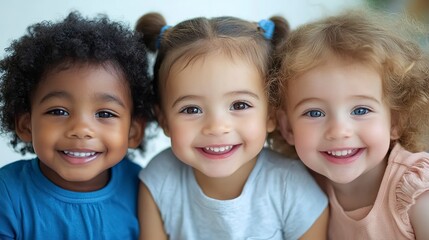 Multicultural siblings sitting closeup, adorable toddler smiling 