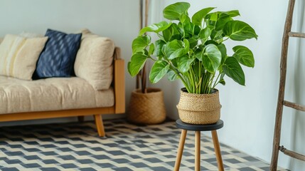 Lush indoor plant on a stylish stool beside a cozy couch enhancing a modern living room with checkered tile floors for vibrant home decor