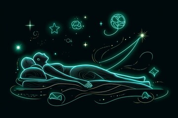 Minimalist abstract of a person lying down in bed, represented with soft lines and simple shapes, symbolizing rest and relaxation