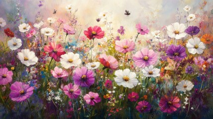 A vibrant field of blooming cosmos flowers in shades of pink, white, and purple, with bees and butterflies hovering around.