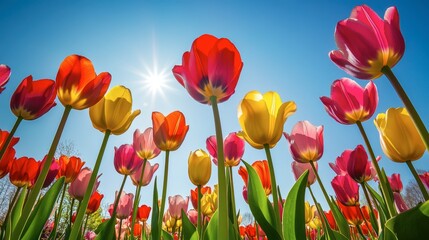 Fototapeta premium A vibrant field of tulips in full bloom, with red, yellow, and pink petals under a clear blue sky, bathed in sunlight.