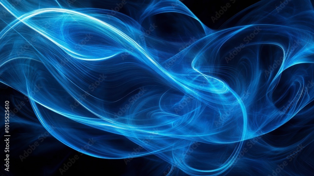 Poster abstract glowing blue lines swirling in a dark background, creating a futuristic pattern of light tr